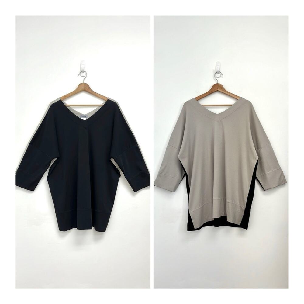 IRIDIUM Pima Cotton Colorblock Artsy Lagenlook V-Neck Relaxed Tunic Top Large